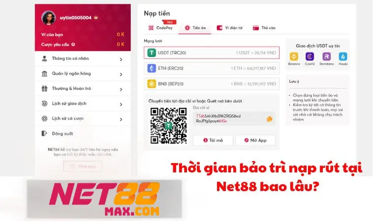 Thời gian bảo trì nạp rút tại Net88 bao lâu?